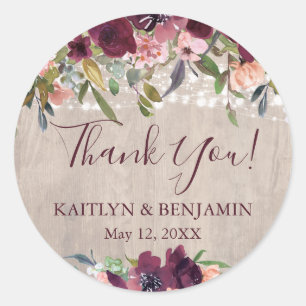 Rustic Wood Boho Floral Lights Wedding Ronde Sticker