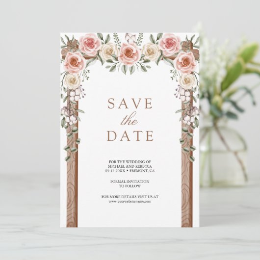 Rustic Wood Boho Floral Photo Canopy Wedding Save The Date (Staand voorkant)