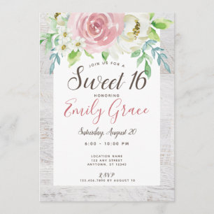 Rustic Wood Boho Floral Sweet 16 Birthday Kaart