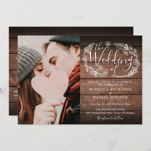 Rustic Wood Boho Foliage Photo All-in-One Weddensc Kaart (Voorkant / Achterkant)