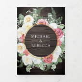 Rustic Wood Boho Pink Roses Floral QR Code Weddens Drieluik Uitnodiging (Cover)