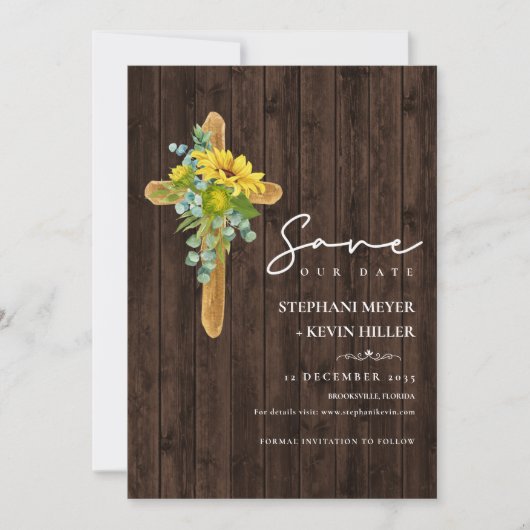 Rustic Wood Boho Sunflower Cross Wedding Save The Date (Voorkant)