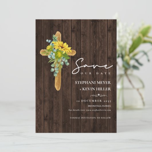 Rustic Wood Boho Sunflower Cross Wedding Save The Date (Staand voorkant)