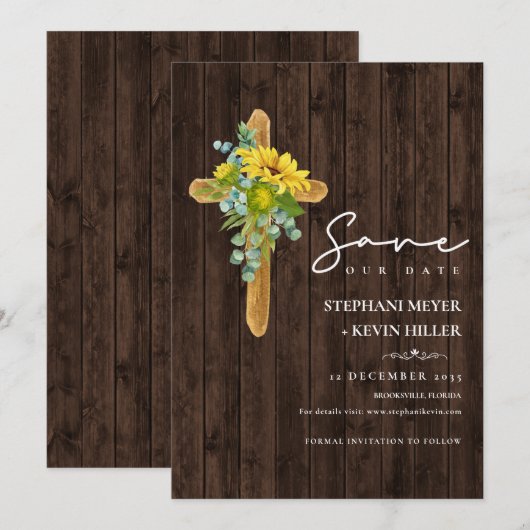 Rustic Wood Boho Sunflower Cross Wedding Save The Date (Voorkant / Achterkant)
