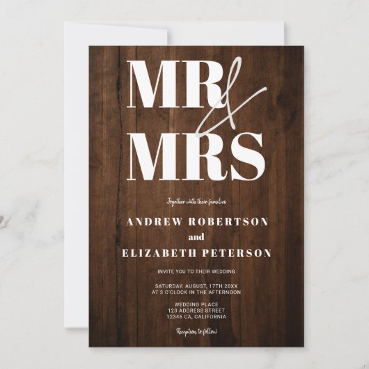 Rustic wood bold Mr Mrs script foto bruiloft Kaart (Voorkant)