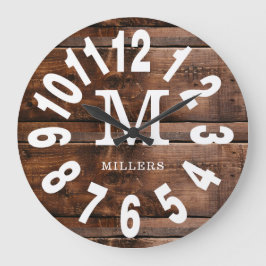 Rustic Wood Bold Numbers Familienaam Monogram Grote Klok
