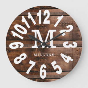 Rustic Wood Bold Numbers Familienaam Monogram Grote Klok
