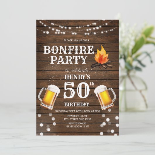 Rustic Wood Bonfire Party Beer 50ste verjaardag Kaart (Staand voorkant)