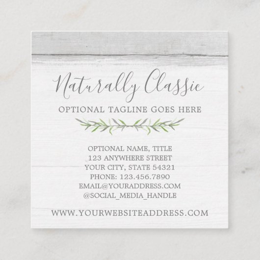 Rustic Wood & Botanical Leaf Branches Green Wreate Vierkante Visitekaartje (Achterkant)