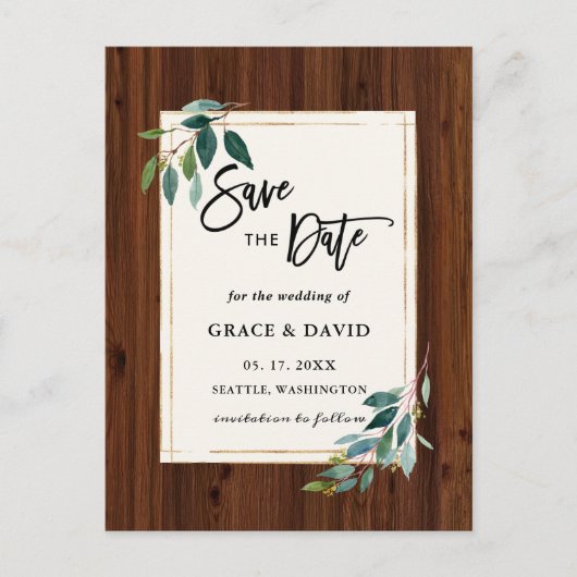 Rustic Wood Botanical Photo Wedding Save the Date Briefkaart (Voorkant)