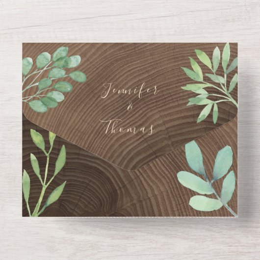 Rustic Wood Botanische bruiloft All In One Uitnodiging (Achterkant)