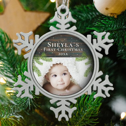 Rustic Wood Branches Baby's eerste kerstfoto Tin Sneeuwvlok Ornament