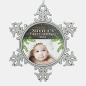 Rustic Wood Branches Baby's eerste kerstfoto Tin Sneeuwvlok Ornament (Voorkant)