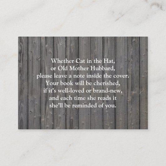 Rustic Wood Breng een boek Baby shower Insert Informatiekaartje (Achterkant)