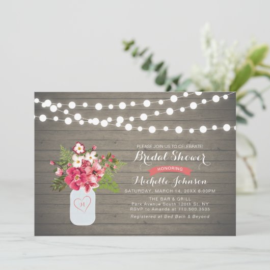 Rustic Wood Bridal Shower Invitation, Mason Jar Kaart (Staand voorkant)