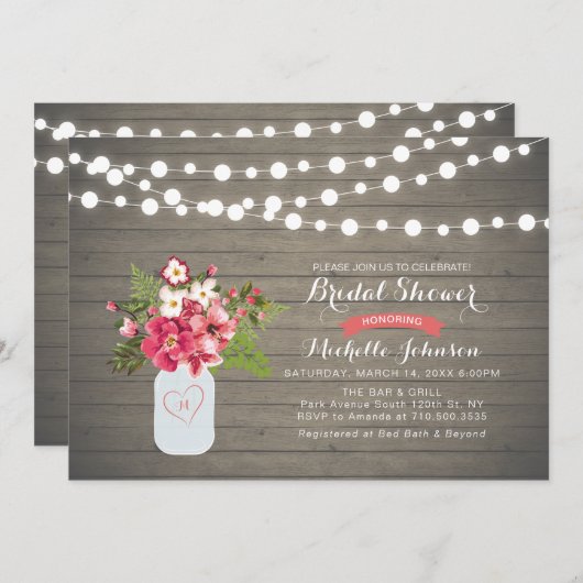 Rustic Wood Bridal Shower Invitation, Mason Jar Kaart (Voorkant / Achterkant)