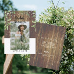 Rustic Wood Bride Photo Vrijgezellenfeest Kaart<br><div class="desc">Houtomheining. Strijklichten. Bladgroen en groen. Informatie op de achterkant. Rustiek. Bruid foto.</div>