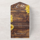Rustic Wood Bright Sunflower Monogram Weddenschap All In One Uitnodiging (Buitenkant)