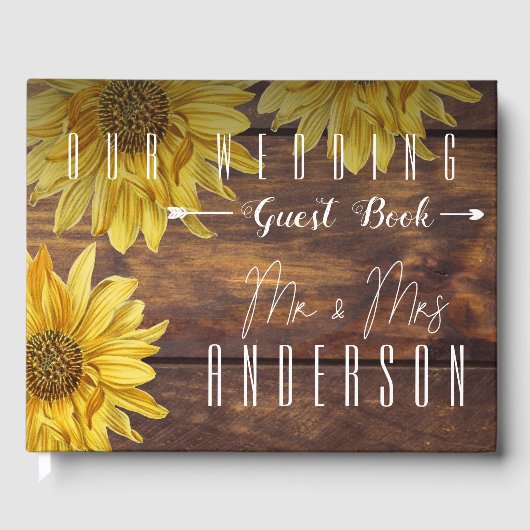 Rustic Wood Bright Yellow Sunflower Wedding Gastenboek (Voorkant)