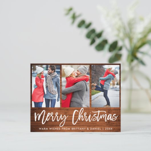 Rustic Wood Brush Script 3 Fotopaar kerstmis Briefkaart (Staand voorkant)