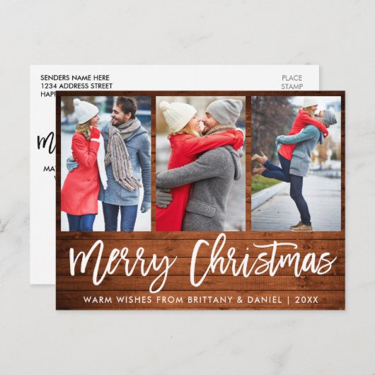 Rustic Wood Brush Script 3 Fotopaar kerstmis Briefkaart (Voorkant / Achterkant)