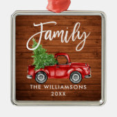 Rustic Wood Brush Script Family Red Truck Metalen Ornament (Voorkant)