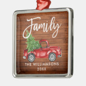 Rustic Wood Brush Script Family Red Truck Metalen Ornament (Links)