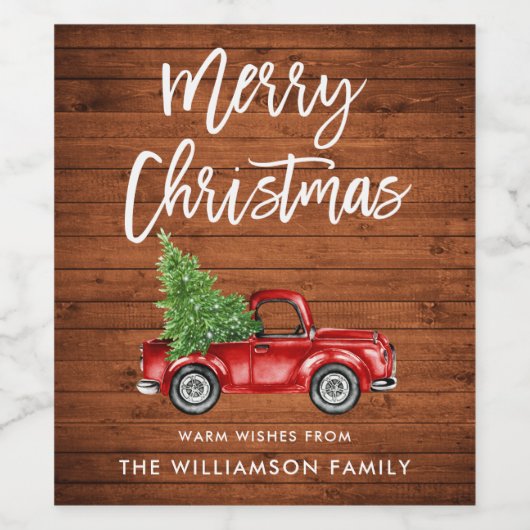 Rustic Wood Brush Script Kerstmis Truck Wijn Etiket (Enkel label)