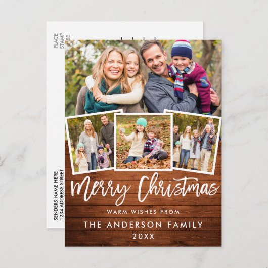 Rustic Wood Brush Script Merry Kerstmis 4 Foto Briefkaart (Voorkant / Achterkant)