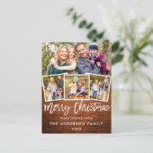 Rustic Wood Brush Script Merry Kerstmis 4 Foto Briefkaart (Staand voorkant)