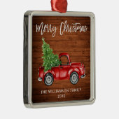 Rustic Wood Brush Script Red Truck Metalen Ornament (Rechts)