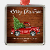 Rustic Wood Brush Script Red Truck Metalen Ornament (Voorkant)
