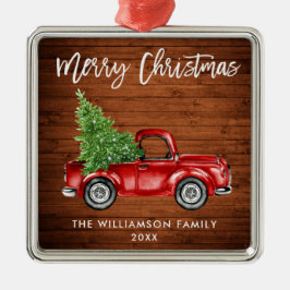 Rustic Wood Brush Script  Red Truck Metalen Ornament