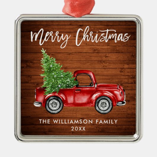 Rustic Wood Brush Script Red Truck Metalen Ornament (Voorkant)
