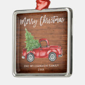 Rustic Wood Brush Script Red Truck Metalen Ornament (Links)