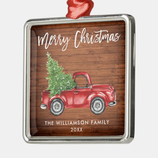 Rustic Wood Brush Script Red Truck Metalen Ornament (Links)