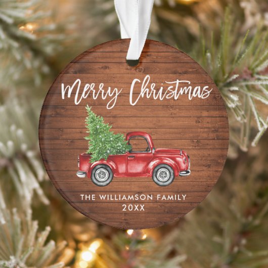 Rustic Wood Brush Script  Red Truck Ornament (Boom)