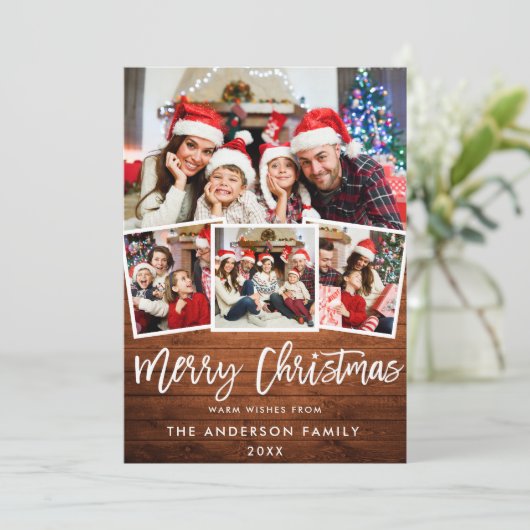 Rustic Wood Brush Script Star 4 Kerstmis foto Feestdagenkaart (Staand voorkant)