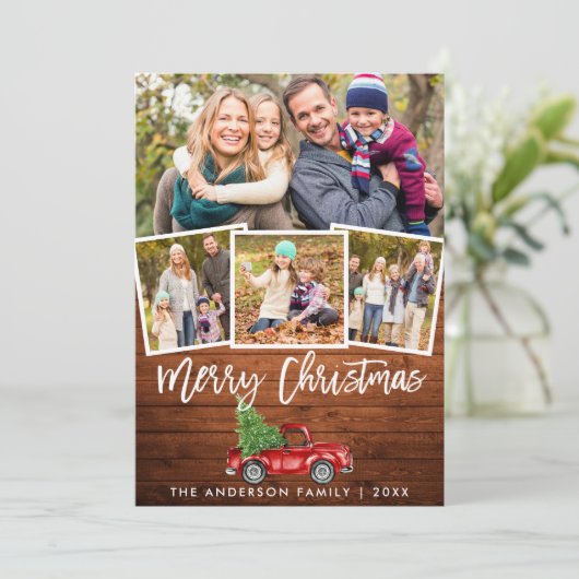 Rustic Wood Brush Script  Truck 4 Foto Feestdagenkaart (Staand voorkant)