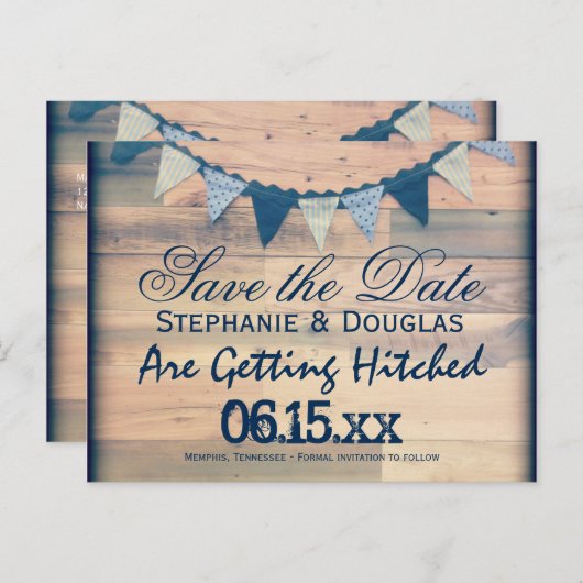 Rustic Wood Bunting Banner Save the Date Briefkaar Aankondigingskaart (Voorkant / Achterkant)