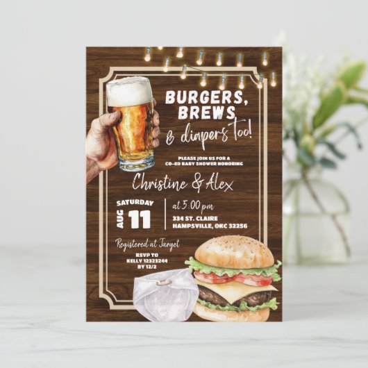 Rustic Wood Burger Brew en Luier te Baby shower Kaart (Staand voorkant)