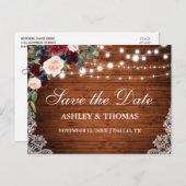Rustic Wood Burgundy Blue Floral Save the Date Aankondigingskaart (Voorkant / Achterkant)