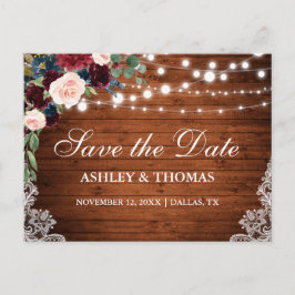 Rustic Wood Burgundy Blue Floral Save the Date Aankondigingskaart