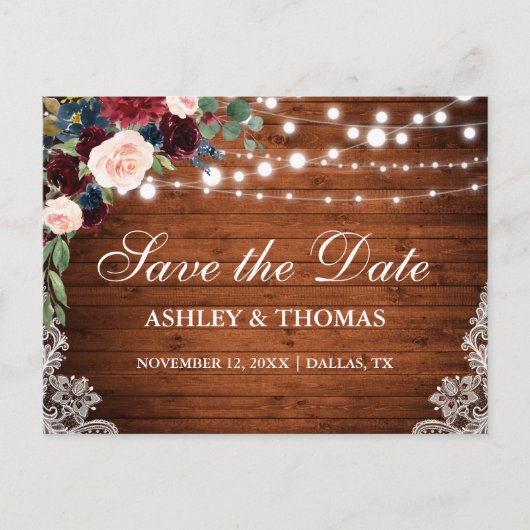 Rustic Wood Burgundy Blue Floral Save the Date Aankondigingskaart (Voorkant)