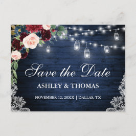 Rustic Wood Burgundy Blue Floral Save the Date Aankondigingskaart