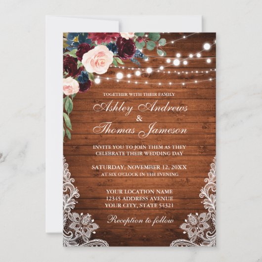 Rustic Wood Burgundy Blue Floral Wedding Invite Kaart (Voorkant)