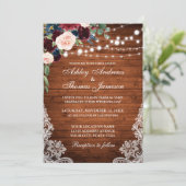 Rustic Wood Burgundy Blue Floral Wedding Invite Kaart (Staand voorkant)