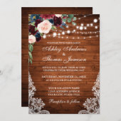 Rustic Wood Burgundy Blue Floral Wedding Invite Kaart (Voorkant / Achterkant)