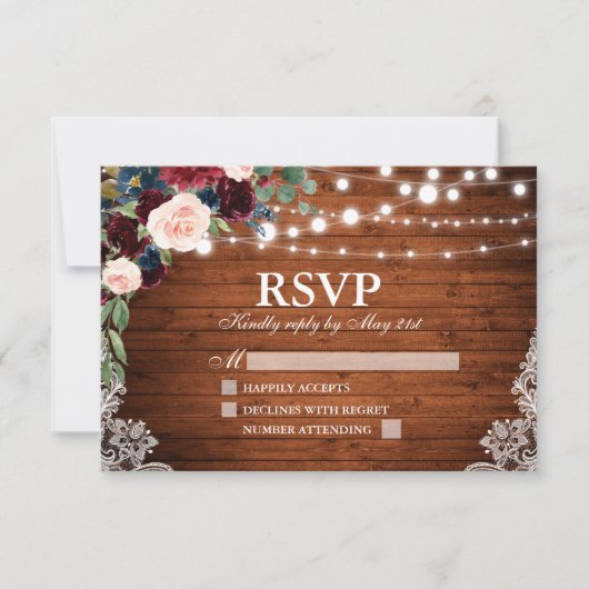 Rustic Wood Burgundy Blue Floral Wedding RSVP Kaartje (Voorkant)