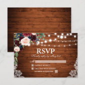 Rustic Wood Burgundy Blue Floral Wedding RSVP Kaartje (Voorkant / Achterkant)